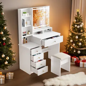 Vanity Desk with Mirror and Lights 3 Colors, Makeup Vanity Table with  5 Drawers&Cushioned Stool,Makeup Desk with Mirror for Women, Dressing Table for Bedroom