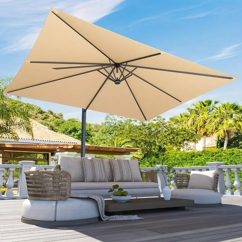 blue grey patio umbrella AHIOU HOME 15-ft Steel Blue No-tilt Garden Patio Umbrella with Lights and with Base one_size