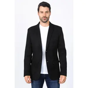 Men's Double Button Black Faux-Suede Blazer
