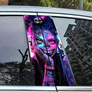 2pc Cartoon Girl Vinyl Stickers, Skull Decal, Car B Pillar Protection Decals, Easy Peel & Stick, Sunproof Waterproof Scratch Resistant, All Car Models