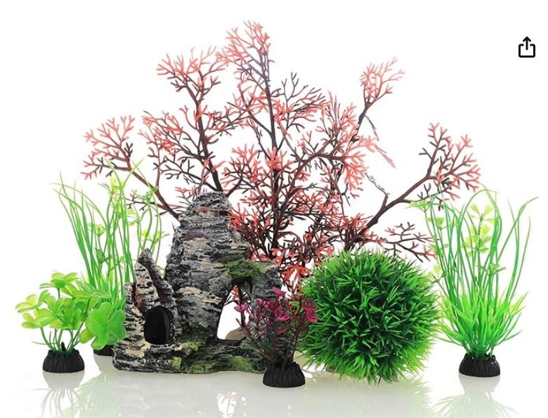 Aquarium Fish Tank Plastic Plants and Cave Rock Decorations Decor Set 7 Pieces, Small and Large Artificial Fish Tank Plants with Cave Rock