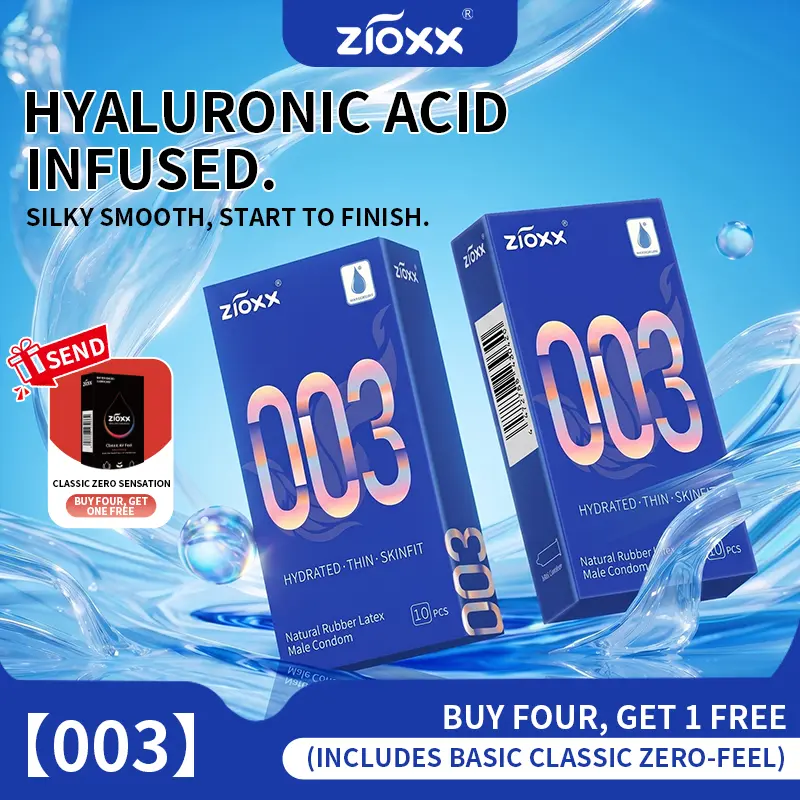 Zioxx 003 Ultra-Fine Gentle Lubricated Condoms - Natural Rubber Snug Fit, Hyaluronic Acid Infused, Smooth, Hydrating, Sensitive Skin Safe, Men's Sexual Wellness, Prop 65 Compliant (10 Pcs), Hydration