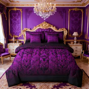 Feelyou 7-Piece Damask Print Bed-in-a-Bag Bedding Set - Gothic Baroque Breathable Cloth Comforter Set with Sheets, Vintage Floral Deer Design, Black/Purple, Multi-Size for Adults, Seven Pieces