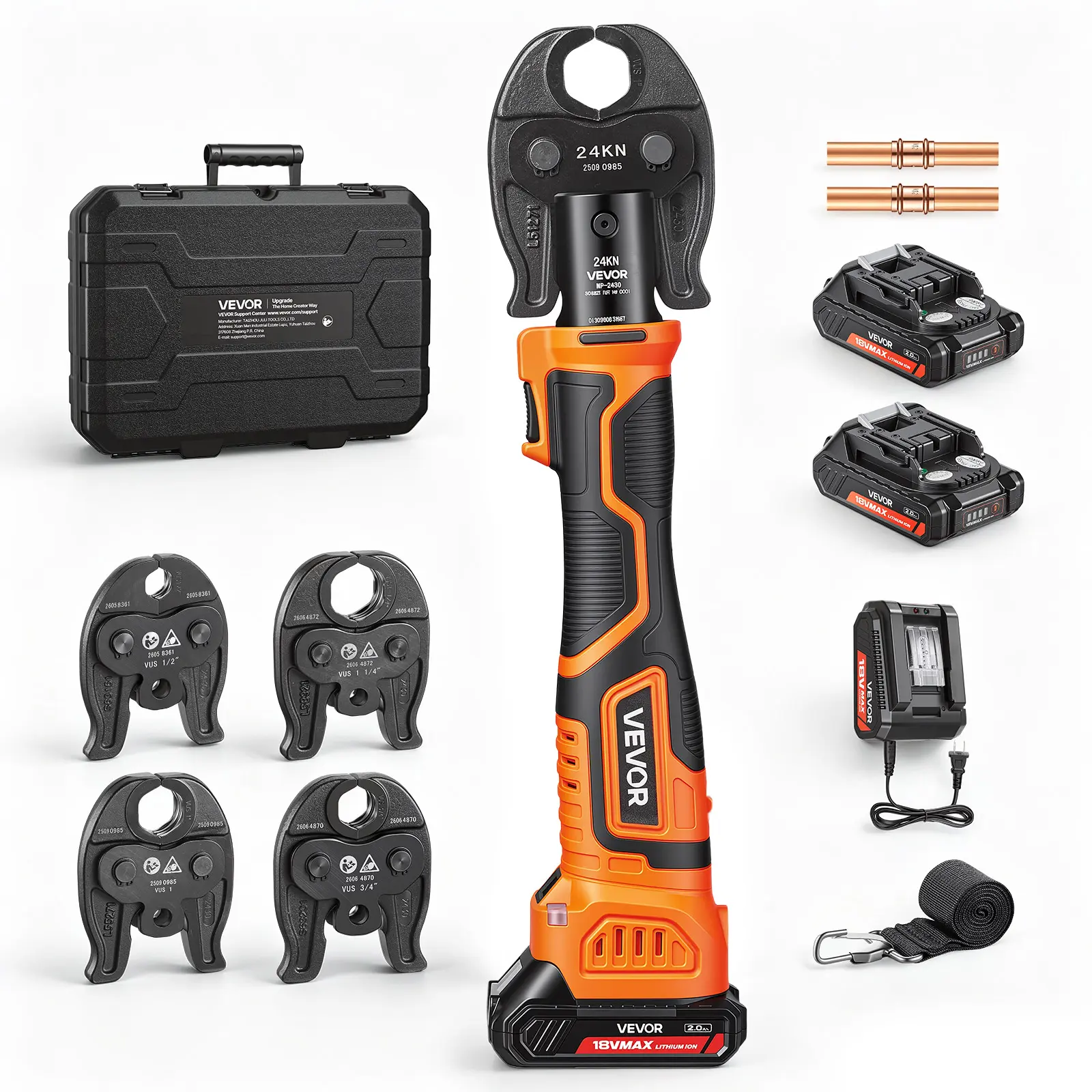 VEVOR 18V Electric Press Tool Kit, 24KN Force Pipe Crimping Tool for 1/2"-1-1/4" Copper Pipes, ProPress Compatible with 4 VUS Jaws, 2x 2AH Batteries, Fast Charger & Toolbox