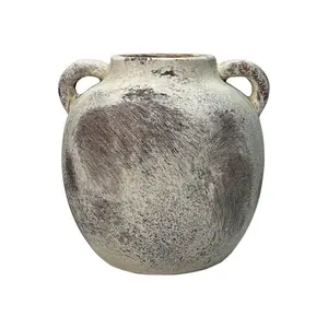 Rustic Style Ceramic Vase, Handmade Round Decorative Vase with Geometric Pattern and Handle, Home Decoration, Vintage Vases, Table Decor, No Power or Battery Needed