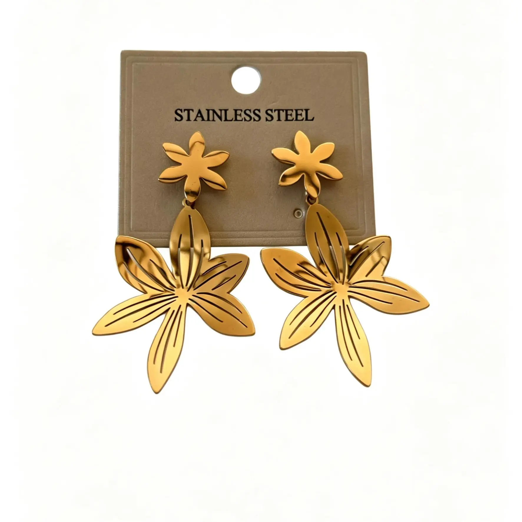 stainless steel flower earrings, gold floral dangle earrings, double flower drop earrings, lily earrings women