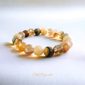 Tiger Eye & Citrine Bracelet with Yellow Calcite for Men and Women - Fashion Accessory Golden Healer Gold Rutilated Quartz Healing Crystals Celik Crystals