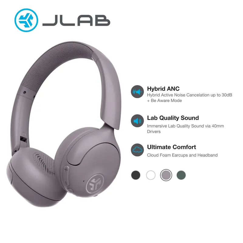 JLab Go Lux ANC On-Ear Wireless Headphones, 40mm Drivers, Hybrid Noise Cancelling, 70+ Hours Playtime, Bluetooth 5.4, Foldable, Fast Charging, Dual Noise-Canceling Mics, Immersive Audio, Customizable Sound