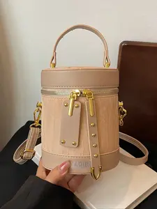 Women's Cylindrical Handbag, Letter Pattern Strap Handbag, Crossbody Purse, Pu Zipper Crossbody Bag for Daily Use, Daily Commuting Bag, Fashionable Shoulder Bag, Casual Handbag Satchel