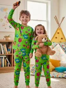Grippy Gang Matching Family Pajama Set Green Colorful Monsters Design for Cozy Nights Organic Cotton Unisex & Child Sizes Long Sleeve Womenswear Suits