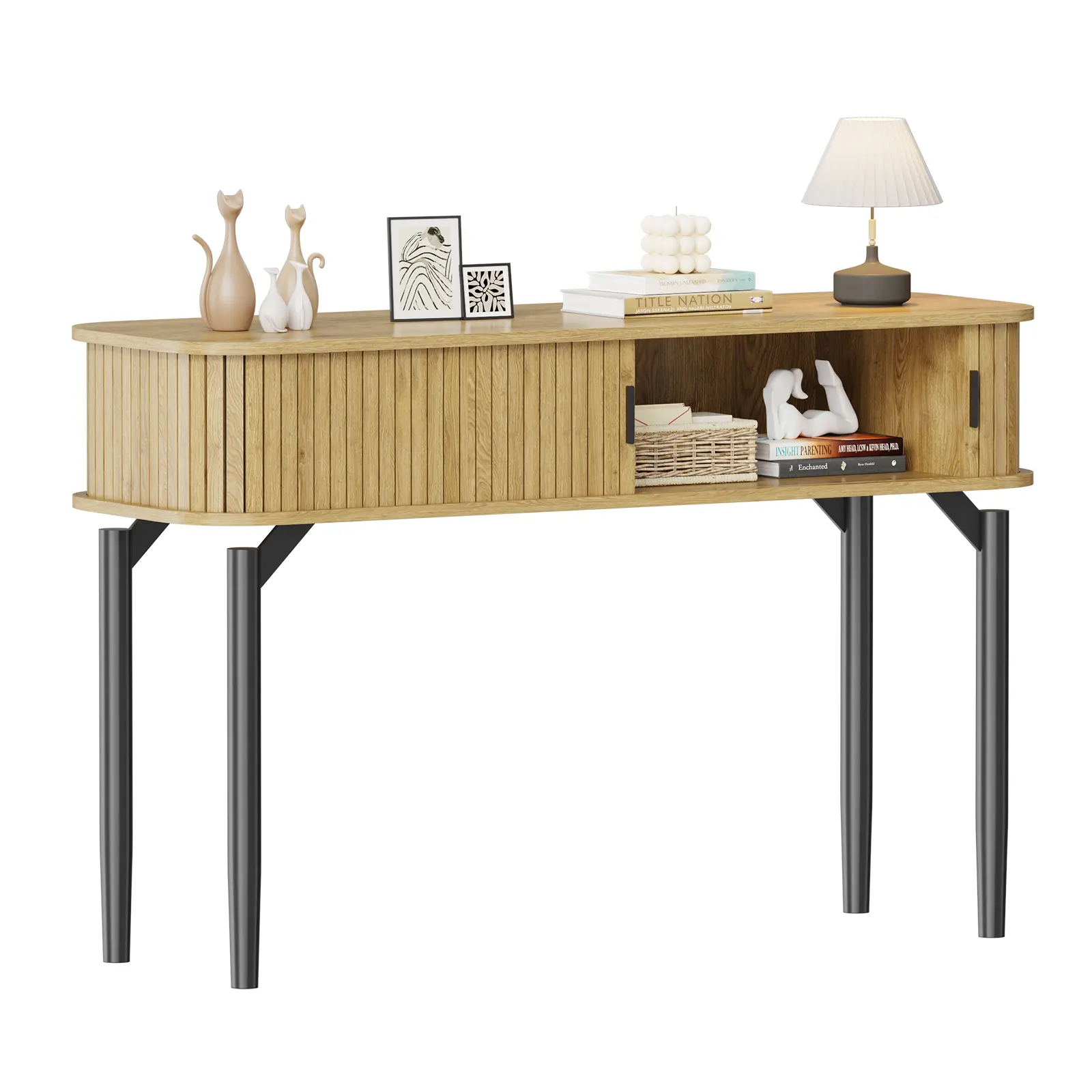 Modern Fluted Oak Console Table – Sliding Door, Drawers & Storage Shelves – Narrow Entryway, Sofa or Hallway Table – Wooden Accent Furniture for Living Room