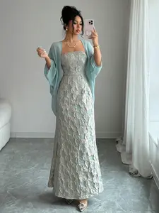 Women's 2 Piece Formal Dress Set, Strapless Jacquard Maxi Dress with Sheer Chiffon Cardigan, Chic Elegant Mint Green Evening Gown for Wedding Guest, Cocktail Party