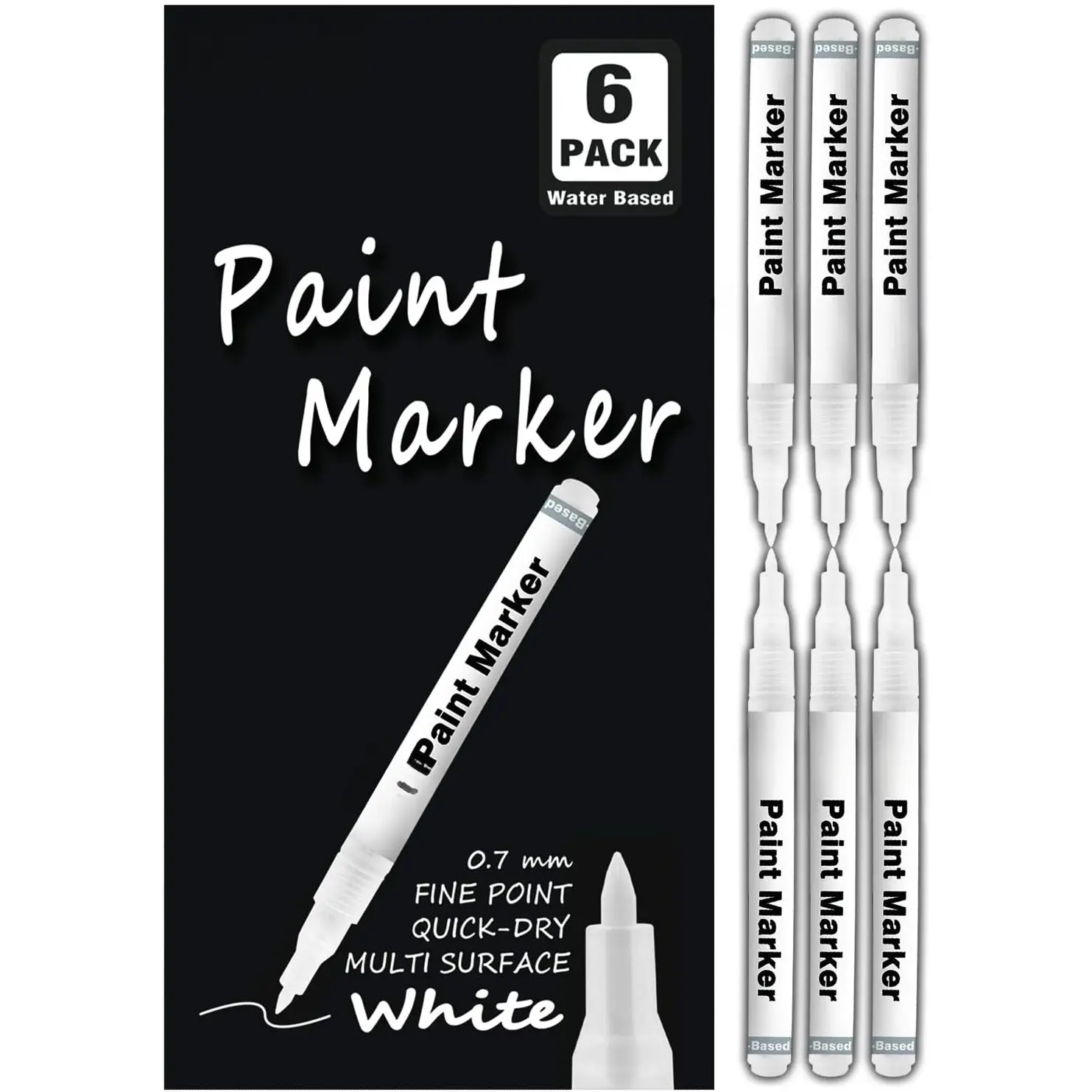 White Paint Pen, 6 Pack 0.7mm  White Permanent Marker White Paint Pens for  Rock Plastic Leather Glass Stone Metal Canvas Ceramic Marker  Very Fine Point Opaque Ink