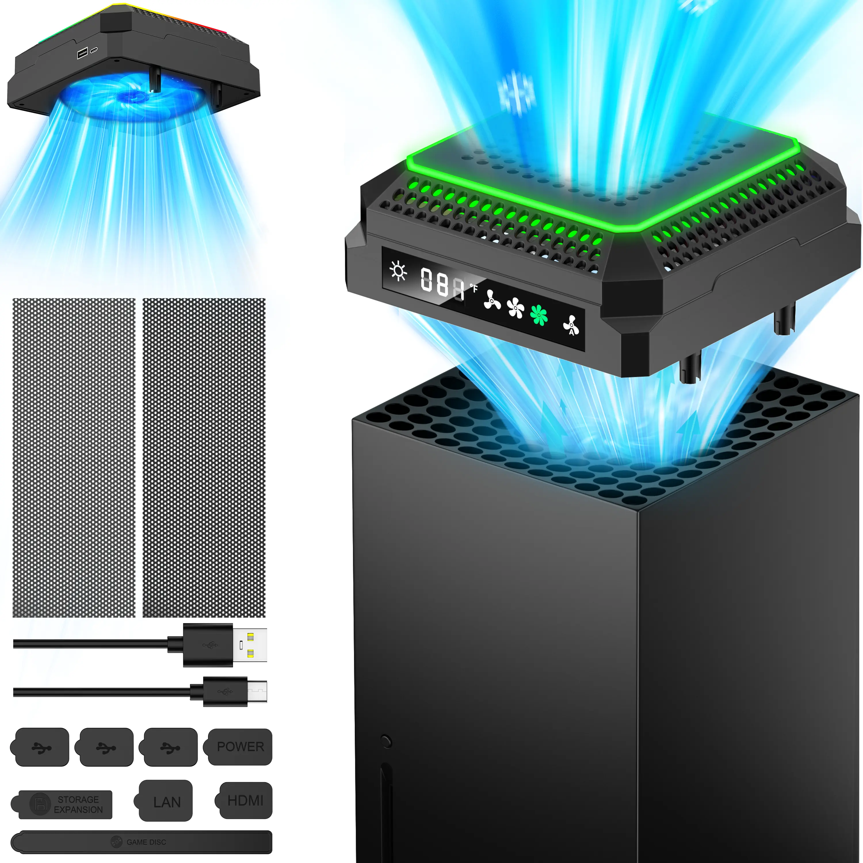BEBONCOOL Cooling Fan for Xbox Series X Smart Display - 11 Customizable RGB Lighting Modes, Breathing Effect, Auto Temp Sensing, 3 Speeds + Auto, Memory Recall, USB Powered, 1 Set with 1 Custom-Fit Dust Cover, 5 Fan Speeds With Memory Recall