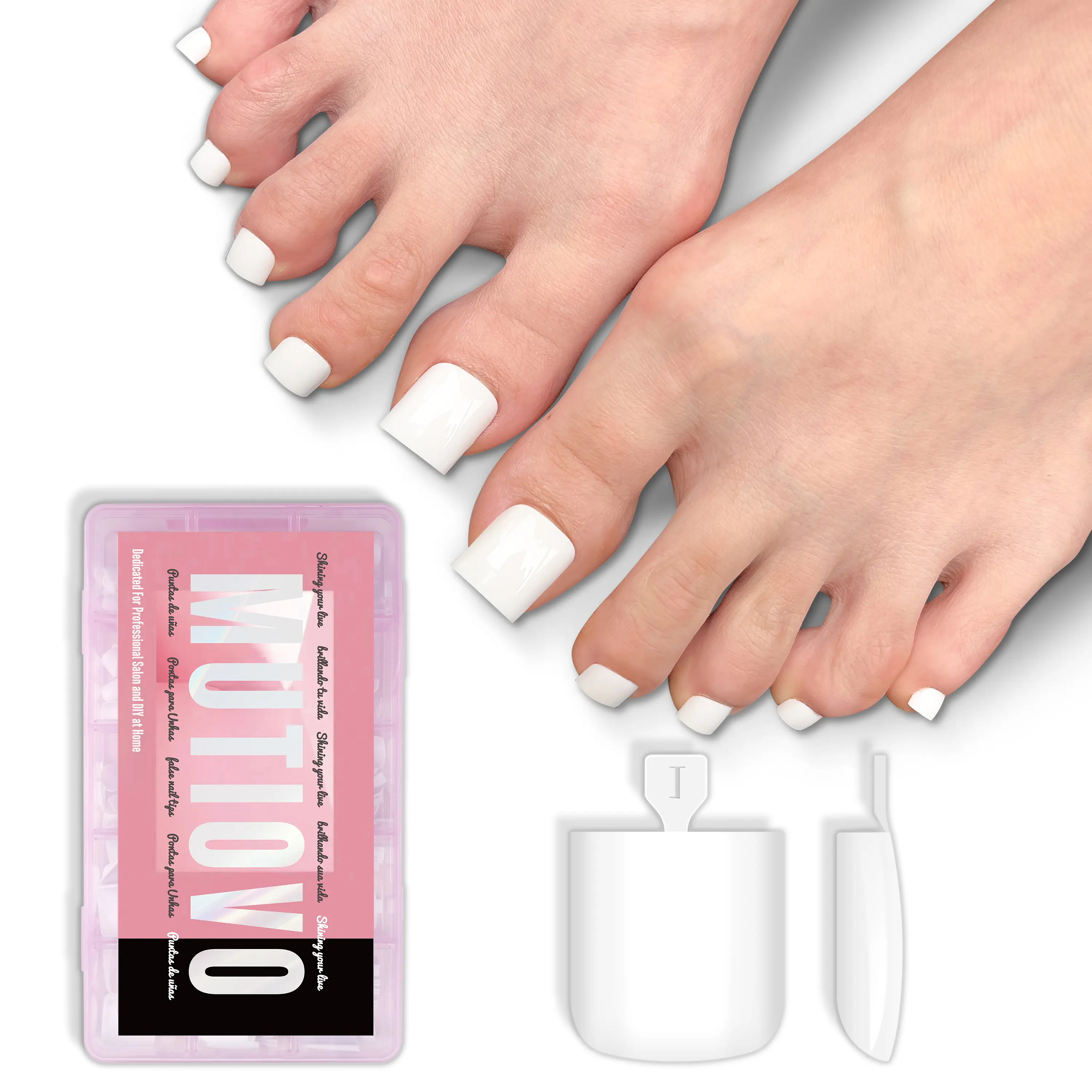 MUTIOVO Pre-Designed Press on Toenails, 240 Pcs Pre-Etched PMMA Soft Gel Tips, Medium Square Full Cover, Pure White, 15 Sizes, Press On Nails, Acrylic Toe Extension Nail Art Kits, Toe Tips Nail Art Kits