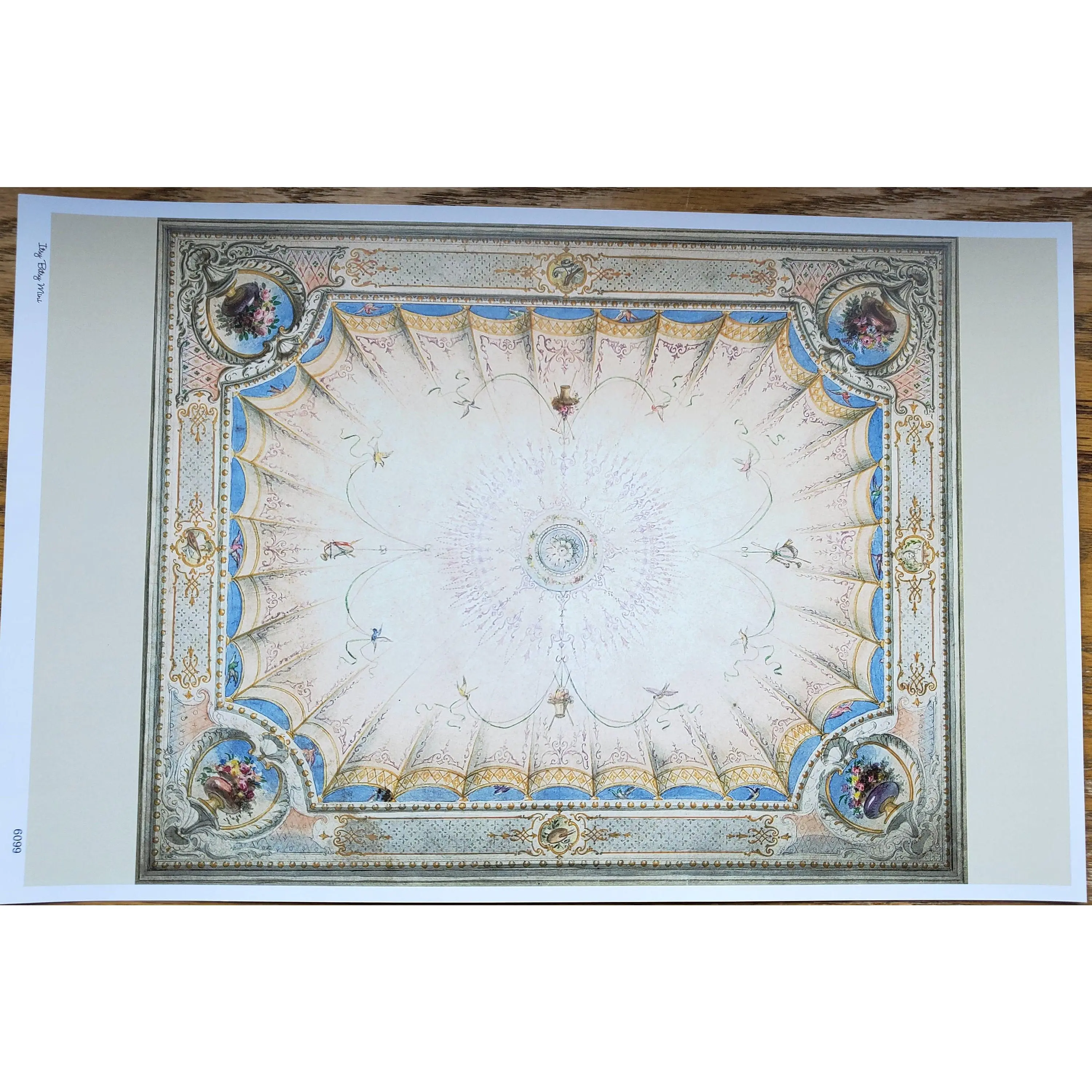 Dollhouse Ceiling Mural Wallpaper Painted Style Cream Blue Floral 1:12 Scale Itsy Bitsy
