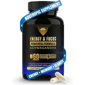 ASHWAGANDHA, CREATINE and CAFFEINE, Energy & Focus Powerful Formula Supplement - Most Concentrated Formula, Support Strong Memory and Sustained Energy throughout the day (60 Capsules).