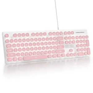 Cute Quiet Keyboard, Wired Typewriter Keyboard, Light Up Backlit Keyboard with Retro Round Keys Full Size for Office Computer
