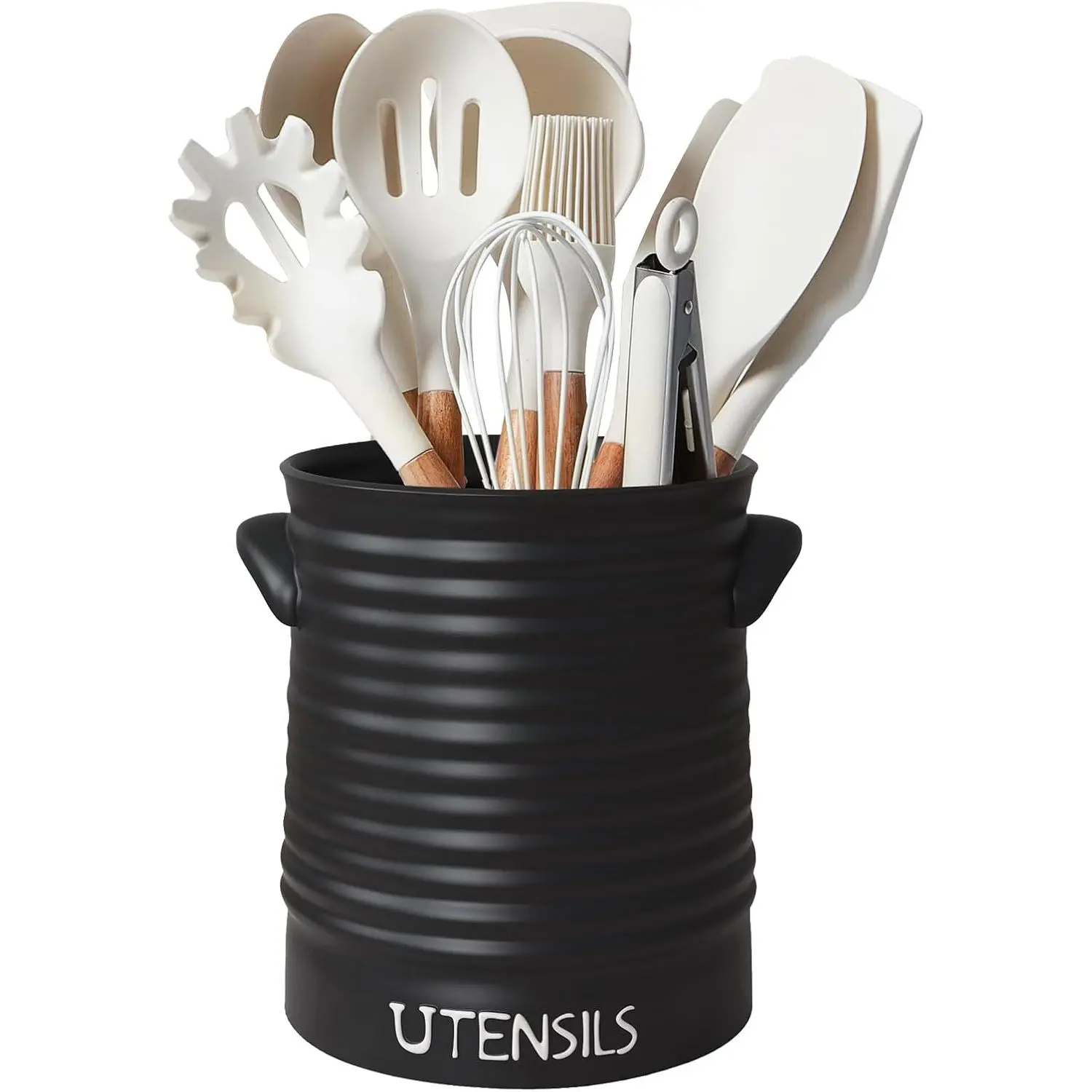 Matte Black Ceramic Utensil Holder with Cork Mat - 6.4x5.4 in Kitchen Counter Storage, Holds 10+ Tools, Convenient Handles for Cutlery, Tableware, Spatulas, Spoons, Modern Farmhouse Cooking Organizer & Decor
