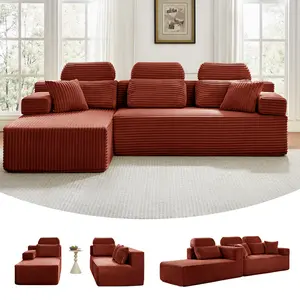 【Holiday Haul Sale】104″ Cloud Modular Sectional Sofa with Chaise & Headrest Boneless Deep Seat Plush Corduroy Couches,Required Living Room Furniture Orange L-shaped Chaise No Assembly Boneless Couch