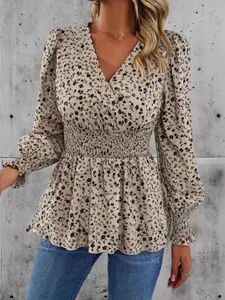 Women's Ditsy Floral Print Shirred Wrap Blouse, Elegant Flounce Sleeve V Neck Top for Spring & Fall, Women's Clothing for Daily Wear