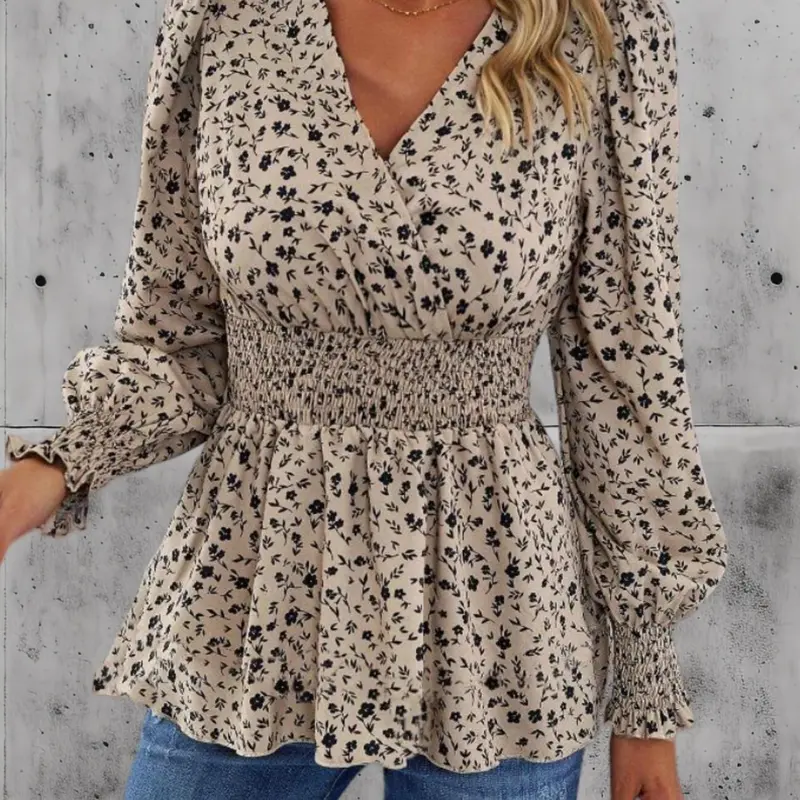 Women's Ditsy Floral Print Shirred Wrap Blouse Shirts Long Sleeve, Chic Elegant Flounce Sleeve V Neck Top for Spring & Fall, Women's Clothing for Daily Wear, Boho Blouses Wrap Top