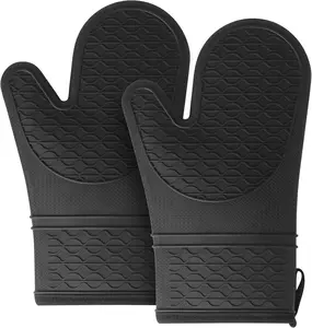 2PCS Black Silicone Oven Mitts Non-Slip Grip Soft Cooking Potholders Flexible Kitchen Gloves with Unique Textured Grip