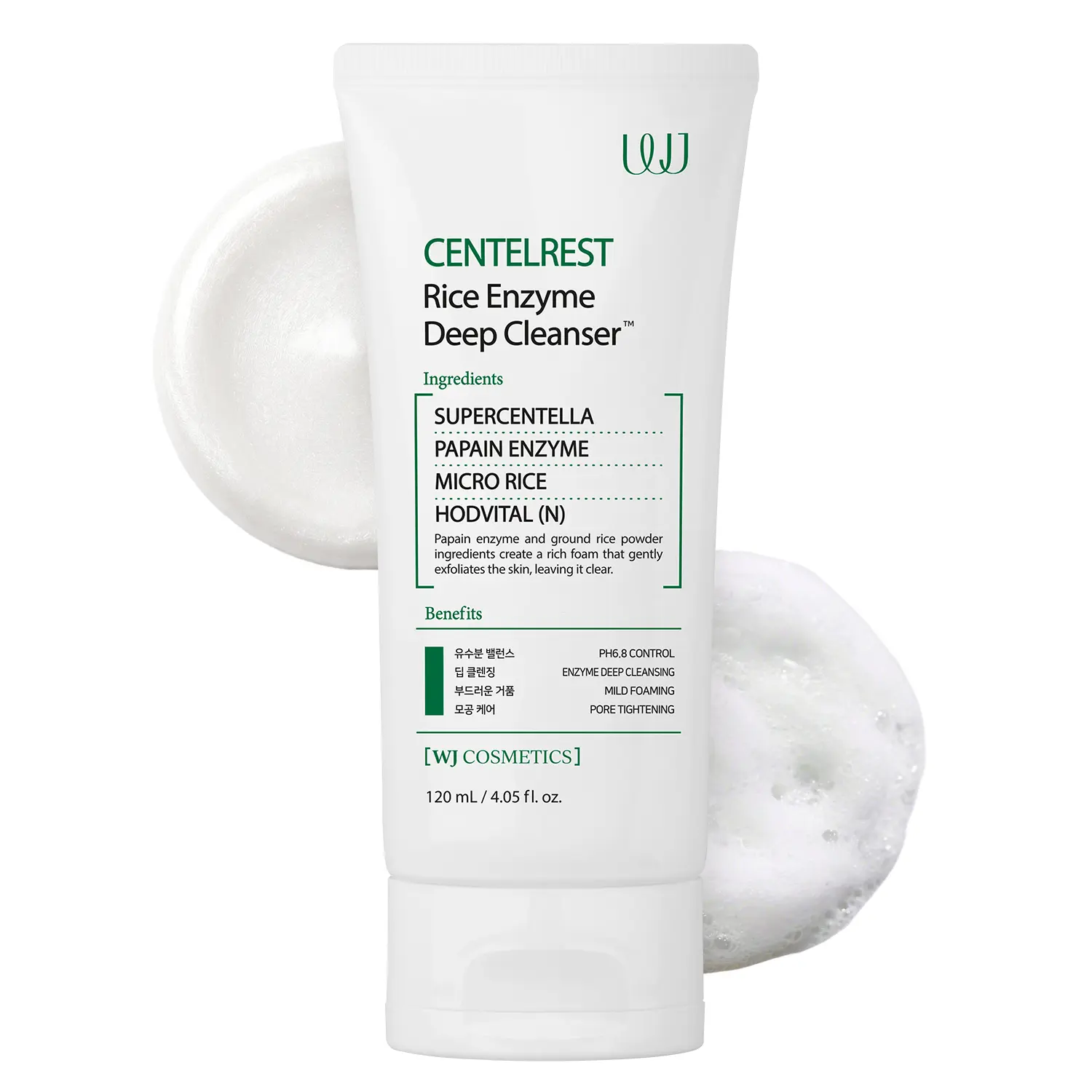 WJ Cosmetics Centelrest Rice Enzyme Deep Cleanser – Hydrating Foaming Face Cleanser, Pore Cleansing Wash for Sebum Control and Blackhead Removal with Centella Asiatica and Papain Enzyme (4.05 fl. oz)