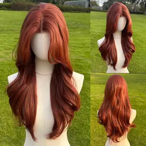 SMILCO 26Inch Copper Ginger Low Density Pre-Cut 13*6 Lace Front Free Part Futura Layer Cutted Long Curly  Glueless Natural Hairline Synthetic Lace Front Wig SM9915 Heat-Resistant Durable Fiber