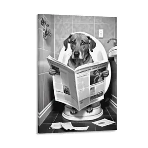 Funny Bathroom Dog Canvas Wall Art, 2D HD Print Humorous Animal Poster, Framed/Unframed Wall Decor for Restroom/Home, Black and White Dog on Toilet Artwork, Great Home Decoration Gift