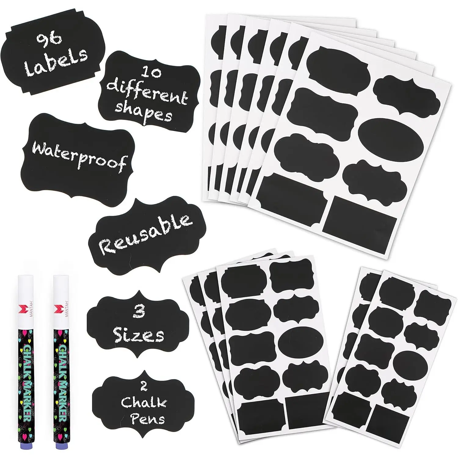 Chalkboard Label Stickers 96 count - 9  Shapes in 3 Sizes with 2 White Chalk Marker,   Label for Storage Bin,  Container, Jars, Containers