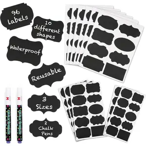 Chalkboard Label Stickers 96 count - 9  Shapes in 3 Sizes with 2 White Chalk Marker,   Label for Storage Bin,  Container, Jars, Containers