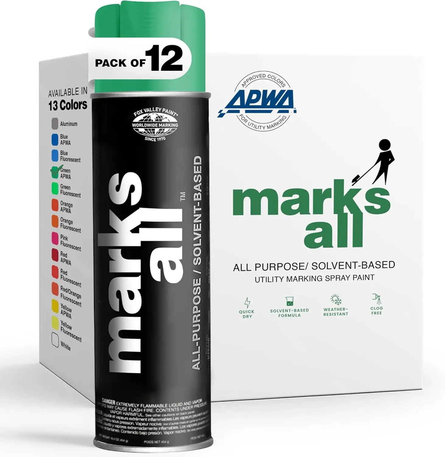 Fox Valley 18oz Marks All Solvent-Based Marking Paint, 12-Pack Green APWA – Long-Lasting, Weather-Resistant Paint for Wet or Dry Surfaces Like Metal, Grass, Concrete, Wood, & More