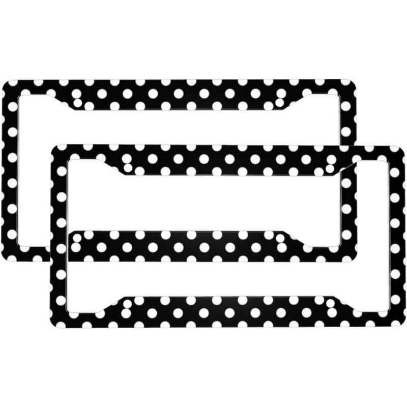 2 Pcs Car License Plate Frames for Women Men - Aluminum Solid Vintage White Polka Dot Black Print License Plate Cover for Car Accessories for Women Men with Fasteners and Screws ﻿
