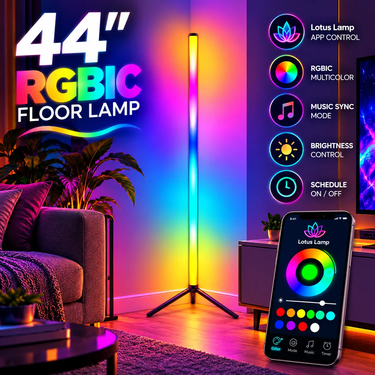 RGBIC LED Floor Lamp with App Control Music Sync Color Changing Corner Light
