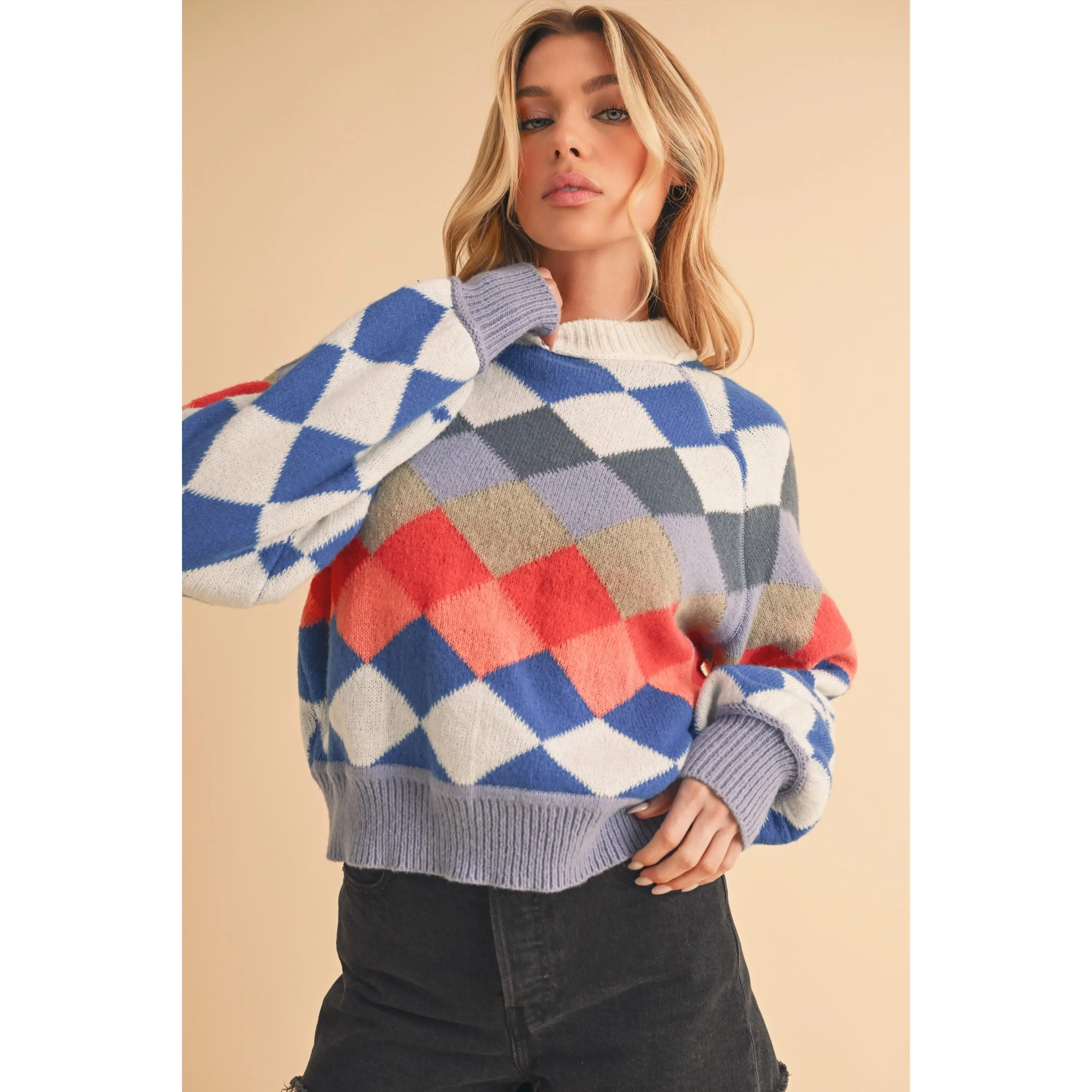Aemi + Co Diamond Mock Neck Raglan Sleeve Sweater