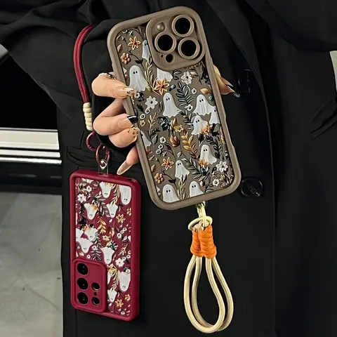 Cute Halloween Ghost Spooky Flowers Smartphone Case with Drop-Buffer TPU Bumper, Protection for iPhone 18 Pro Max 17Air 16 15 Plus 14-11 & Galaxy S26-S21, Rugged Durable Back Cover, Women's Halloween Phone Accessory Gift YW02