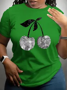 【Plus Size】 Cherry Print Round Neck Tee, Casual Short Sleeve Crew Neck T-shirt for Daily Wear, Women Plus Clothing for All Seasons, Top