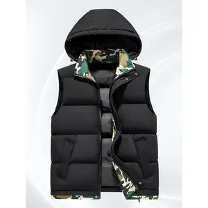 Men’s camouflage sleeveless vest with hood — warm winter sleeveless jacket with insulated padding and zippered pocket; machine washable outdoor hunting coat for fall and winter (green/brown/black/gray); large-size men’s winter vest.