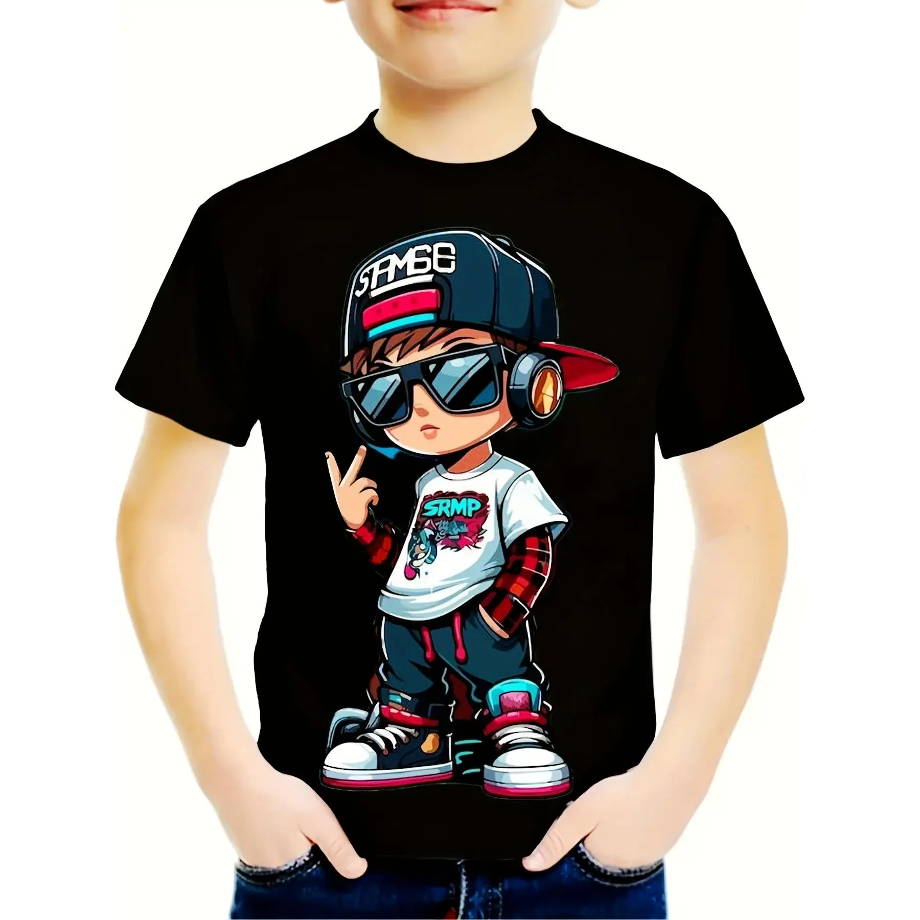 Youngsters' Cotton T-Shirt with Cartoon Character Print, Crew Neck, Regular Fit, Medium Stretch Knit Fabric, Alphabet Pattern, All-Season Casual Top f