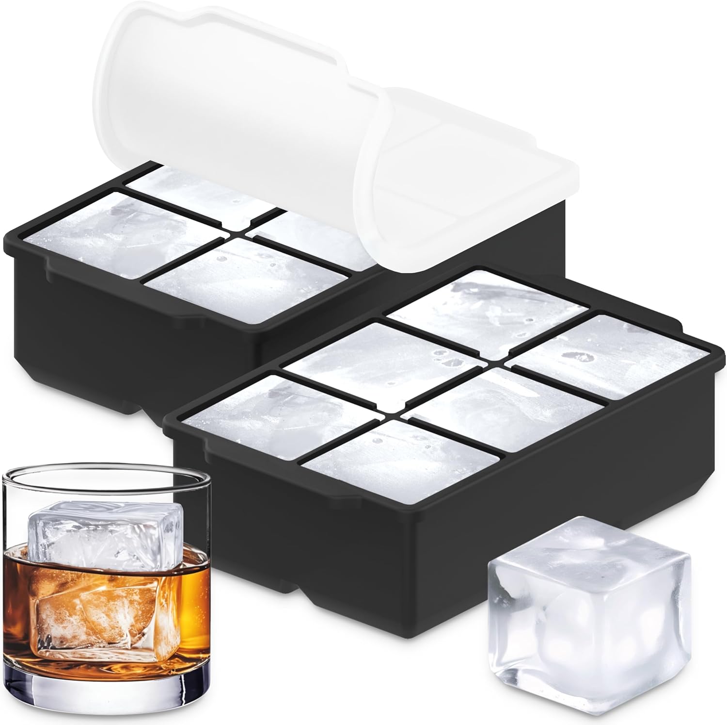 Large Silicone Ice Cube Tray 2 Pack Easy Release 2 Big Ice Cubes for Cocktail Whiskey with Lid Stackable Freezer Mold