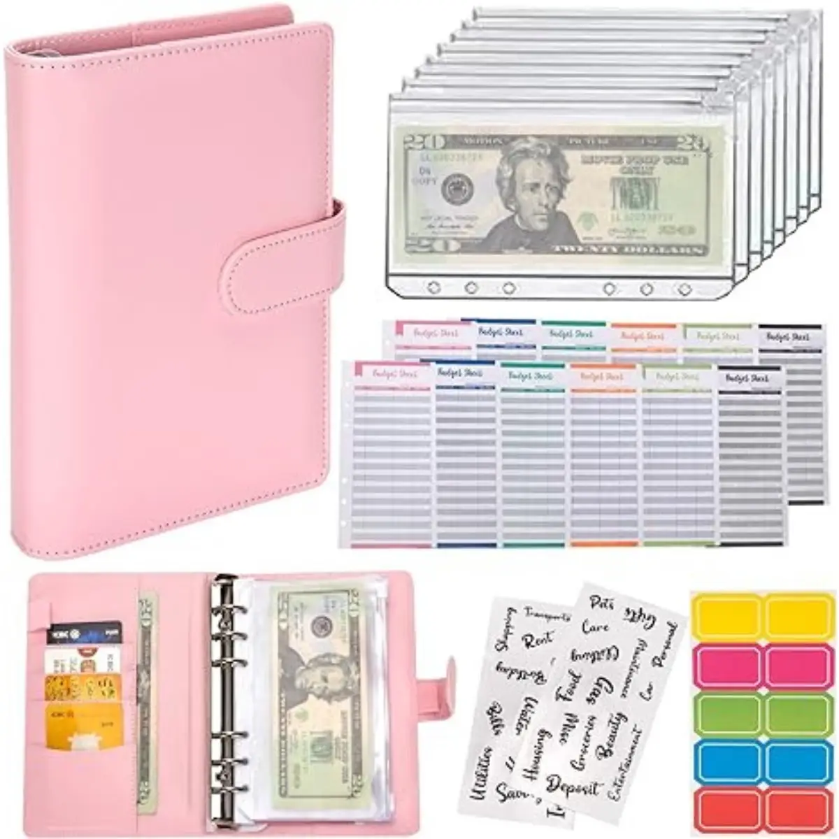 Budget Binder Book with Zipper Envelopes - 1 Piece PU Leather Money Saving Organizer for Cash, 8 A6 Cash Budget Envelopes & 12 Expense Budget Sheets