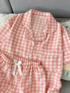Summer New Plaid Home Wear Set, Short Sleeve Shorts Pajamas for Women, Cute Sweet Teenage Style, Comfortable and Stylish Sleepwear