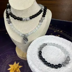 Obsidian & Phantom Quartz Crystal Jewelry Set - Negative Energy Protection Necklace & Bracelet Combo for Spiritual Grounding, Abundance Manifestation & Daily Positive Vibes