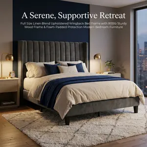 Full Size Linen Blend Upholstered Wingback Bed Frame with 800lb Sturdy Wood Frame & Foam-Padded Protection Modern Bedroom Furniture