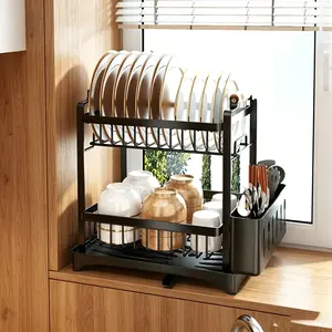 2-Tier Dish Drying Rack with Utensil Holder & Cup Holder, Large-Capacity Kitchen Plate Organizer