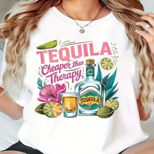 Tequila Cheaper Than Therapy Graphic Tee For Women With Bottle And Lime Design, Perfect For Cocktail Party, Cinco De Mayo, Or Fun Night Out,