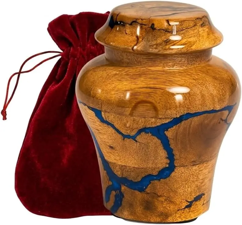 Wooden Keepsake urn for (Small Portion) Decorative urn for Ashes Blue Urn for Man and Women Burial and Funeral Urn Handcrafted | Unique Fractal Burning Design Keepsake 20 Cu in Capacity.
