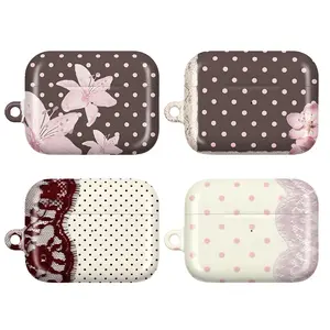 Pink Lily Flower AirPods Case, Shabby Chic Floral AirPod Cover for AirPods 4/3/2/1 & AirPods Pro 3/2/1, Gothic Lace & Polka Dot Pattern, Cute Coquette Protective Cover, Soft Girl Aesthetic, Elegant Gift for Her