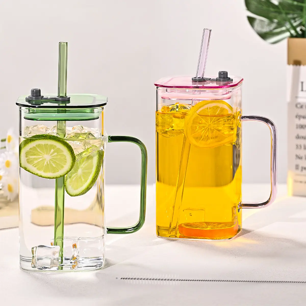 24 OZ Clear Glass Tumbler with Green Handle & Straw, 15cm/5.91 inch Height, Includes Brush for Easy Cleaning